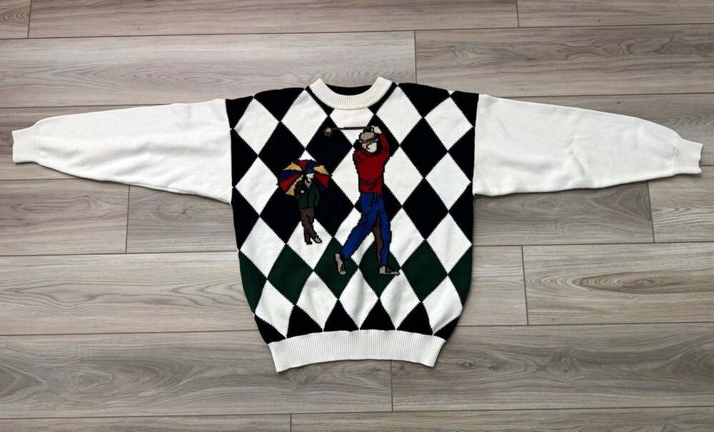 Vintage 90s Jantzen Golf Argyle Knit Sweater Golfer Intarsia Cotton Cream Navy L
